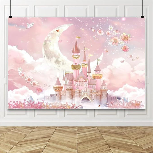 AOFOTO Castle Backdrop Princess Spring Pink Floral Moon Printed Fairy Tale Photography Background for Girl Birthday Baby Shower Party Banner Home Decor Wall Photo Studio Booth Props 12x8ft