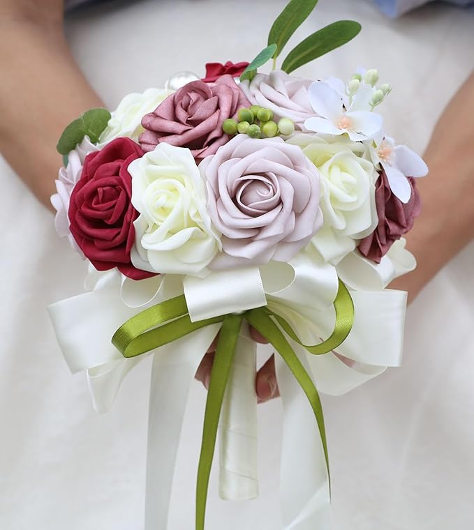 Lightweight Bridal Wedding Bouquet Round Holding Bouquet Throw Toss Artificial Rose Flower Bunch for Bride Bridesmaid Wedding Quinceanera (Cream, Smoky Rose, Light Taro & Burgundy, 7.9")