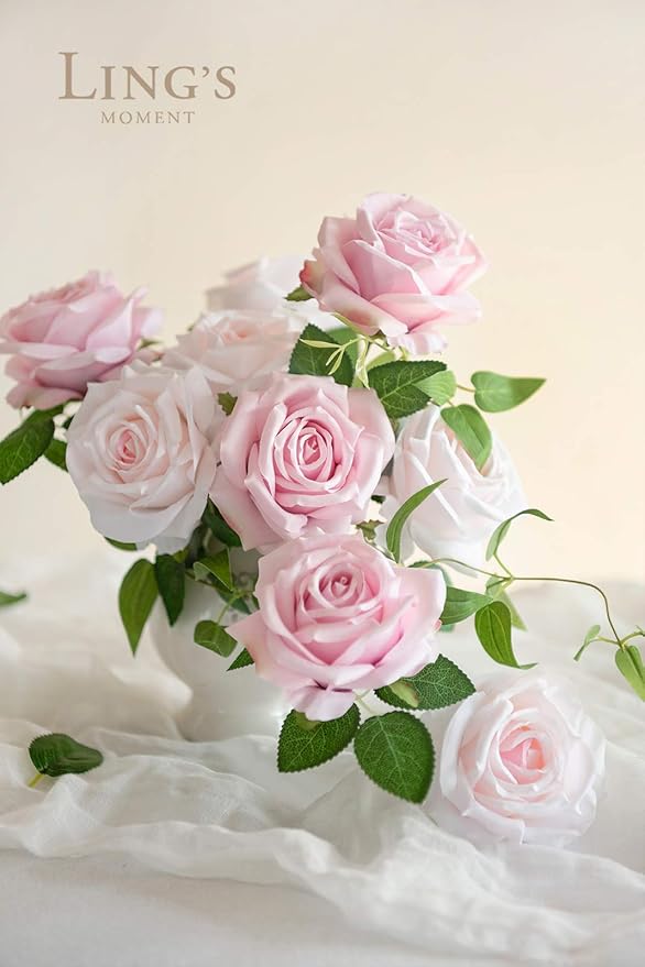 Ling's Moment Artificial Flowers 16pcs Blush Pink Silk Roses with Stems Real Look, 3.5" Fake Ombre Slate Pink Vendela Roses Bulk for DIY Wedding Bouquets Centerpieces Party Baby Shower Home Decoration