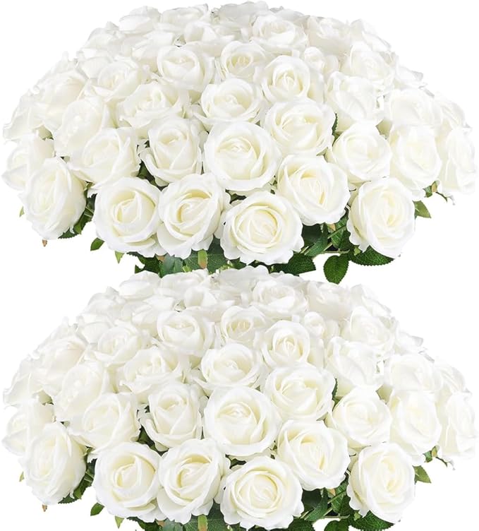 Jasion 50PCS Artificial Roses Realistic Velvet Silk Fake Flowers Long Stem Faux Flowers Bouquet for Wedding Home Party Table Centerpieces Decoration (White)