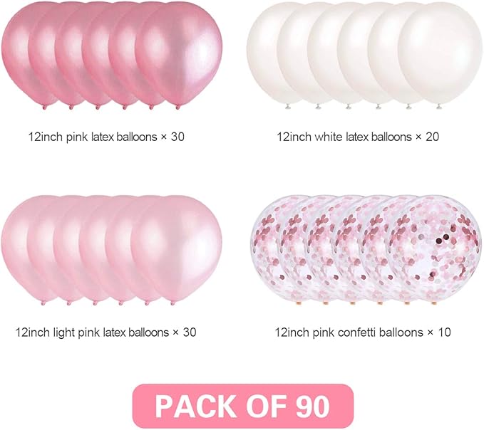 Pink and White Balloons, Pink Confetti Balloons White Balloons Total 90 pcs Latex Party Balloons for Hen Party Wedding Baby Shower Birthday Party Decoration
