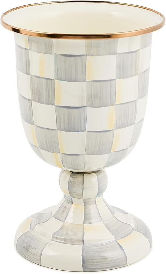 MACKENZIE-CHILDS Pedestal Vase, Decorative Centerpiece and Flower Holder, Gray-and-White Sterling Check