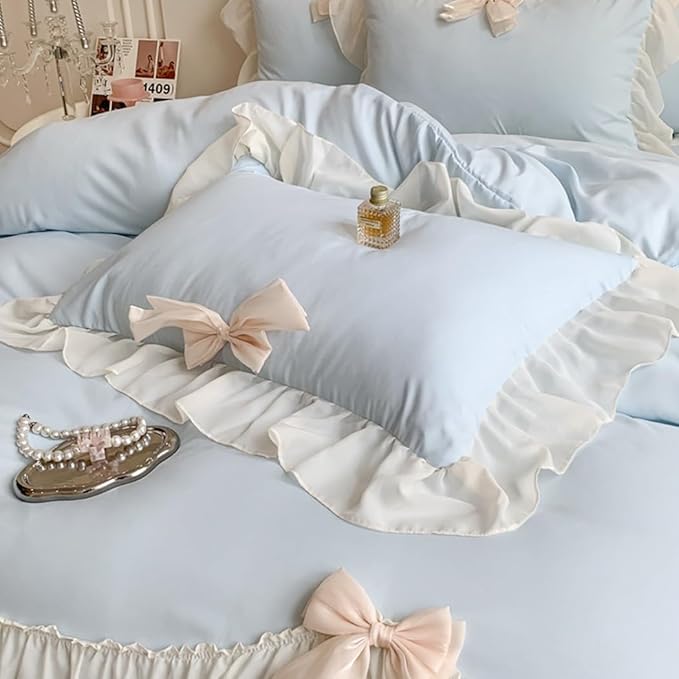 Chic Lace Bedding,Girls Twin Aesthetic Comforter Cover Set,Romantic French Princess Style Ruffled Duvet Cover with Lovely Bow with Zipper Closure-Blue,Twin