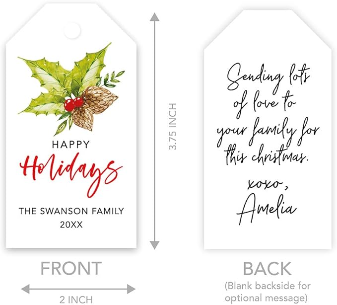 Andaz Press Personalized Christmas Holiday Season Classic Gift Tags, Happy Holidays Custom Family Name and Year, Holly Leaf Design, for Holiday Events, Parties, and Favors, 60-Pack