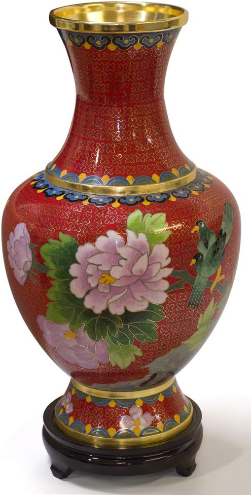 China Furniture Online Red Floral Motif Oriental Cloisonne Vase with Stand