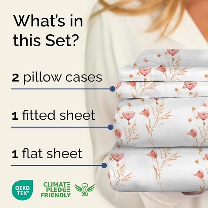 Floral Sheets - Pink Floral Butterfly Bed Sheet Set - 1 Flat & 1 Fitted & 2 Pillowcases w/ Deep Pockets - Wrinkle & Fade Free - Boho Botanical Bedding - Soft, Breathable and Cooling - King Size New