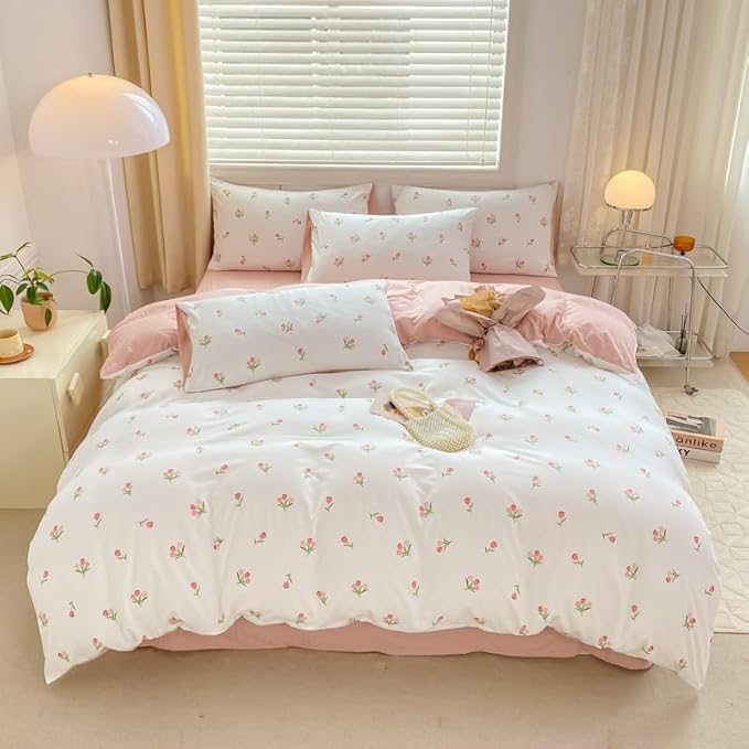 Nayoroom Pink Floral Duvet Cover Full Size Coquette Tulip Printed on White Reversible Comforter Cover 3 Pcs Girls Cottagecore Bedding Set with Pillow Sham Soft Lightweight Microfiber