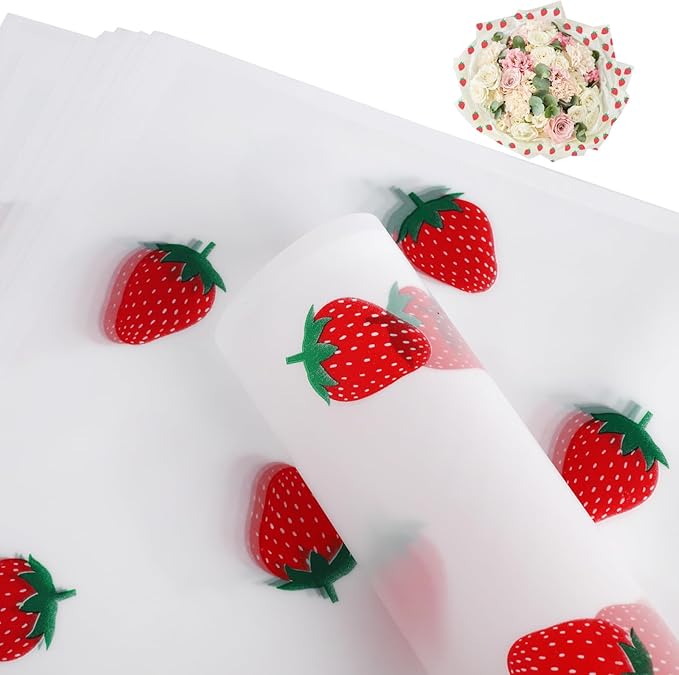 HLTOO 20 Sheets Flower Wrapping Paper, Bouquet Floral Packaging Paper with Strawberry Pattern, for Wedding, Party, Mother's Day, Birthday, and DIY Craft Florist Supplies (White)