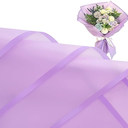 20 Sheets Purple Flower Wrapping Paper, Waterproof Floral Wrap Purple Edge Bouquet Wrapping Paper Florist Supplies (22.8 x 22.8 inch)