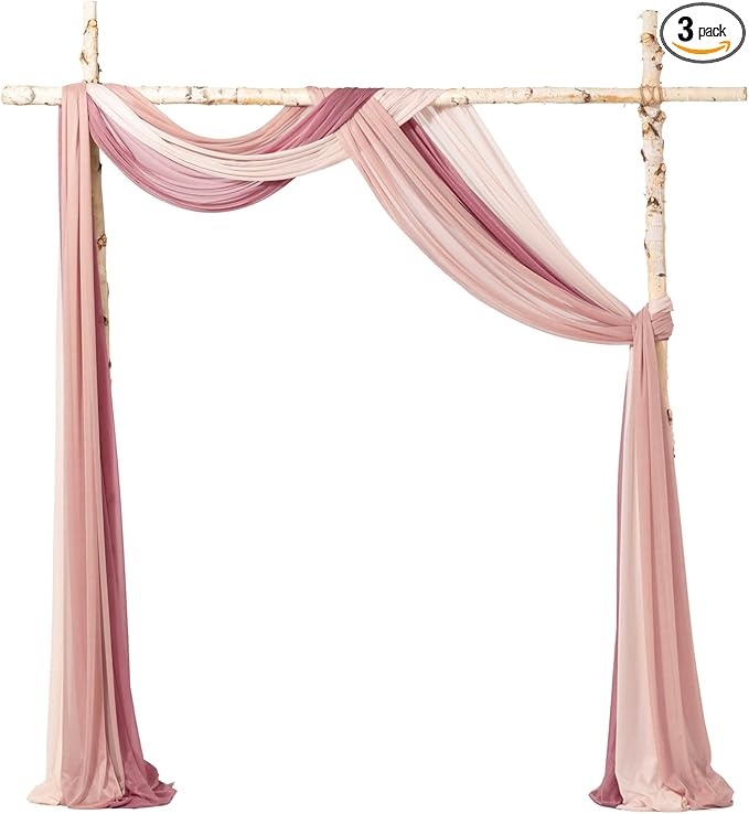 Ling's Moment Wedding Arch Draping Fabric 3 Panels 20Ft Chiffon Fabric,Sheer Draping Fabic for Wedding Arrangement Ceremony Reception Backdrop Party Swag Home Decor (Dusty Rose & Mauve & Blush)