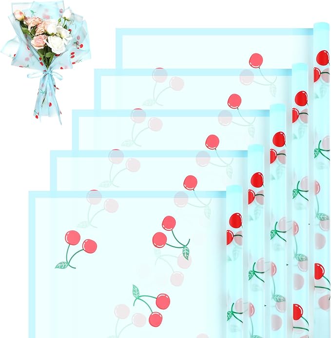 Liobelon 20 Sheets Flower Wrapping Paper Waterproof Bouquet Paper with Cherry Pattern Blue Gift Wrapping Paper for Flower Shop, Wedding, Birthday Party, Handmade DIY, Anniversary 22.8 x 22.8 Inch