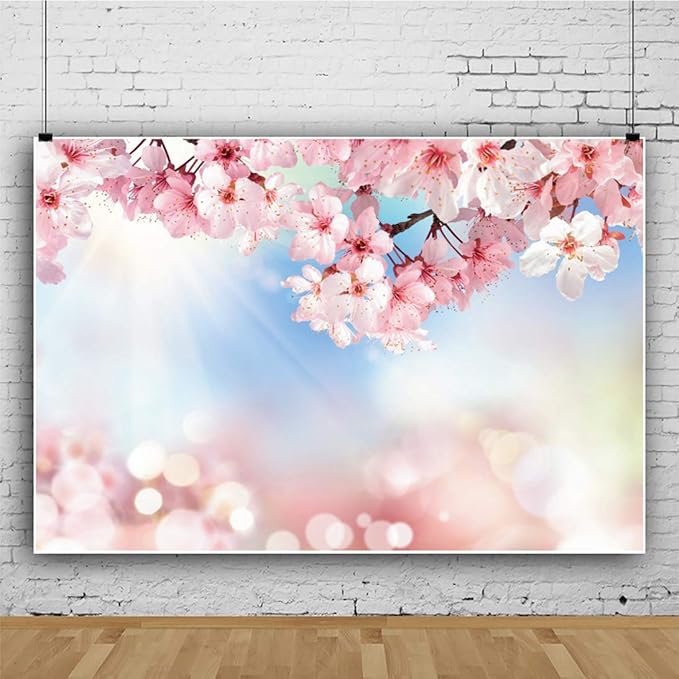 Renaiss 5x3ft Cherry Blossom Floral Backdrop Pink Flower Sunshine Bokeh Romantic Nature Scenery Photography Background for Wedding Bridal Shower Birthday Party Decor Photo Booth Props
