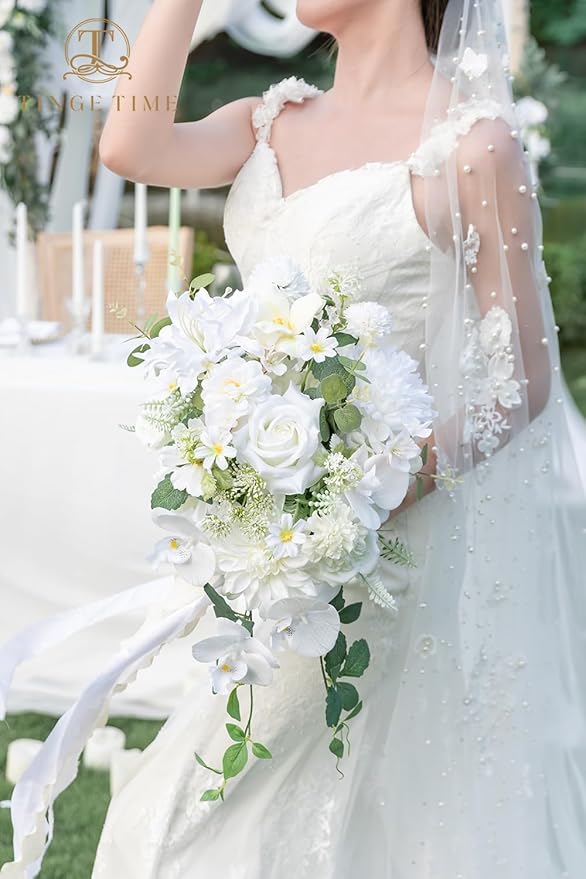 TINGE TIME 11 Inch Wedding Bouquets for Bride, IvoryWhite Artificial Flowers Bouquet, Brides & Bridesmaids Bouquet for Wedding Anniversary Ceremony Bridal Shower Decorations
