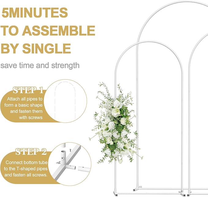 Wedding Arch Backdrop Stand Set of 3(7.3FT/6.6FT/6FT),Metal Balloon Arch for Wedding Ceremony Baby Shower, Outdoor Indoor Birthday Party,Garden Floral Arch Backdrop Stand Decoration, White