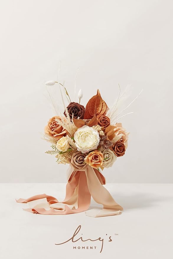 Ling's moment Wedding Artificial Flowers Package, Bridal Bouquet, Bridesmaid Bouquets, Boutonniere for Men, Rose Petals.Boho Dried Rustic Orange