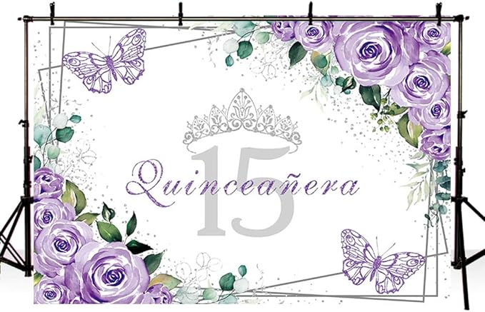 SENDY 8x6ft Quinceañera Backdrop Mis Quince 15 Anos Birthday Party Decoration Supplies for Girl Princess Purple Floral Butterfly Silver Crown Photography Background Banner Photo Booth Studio Props