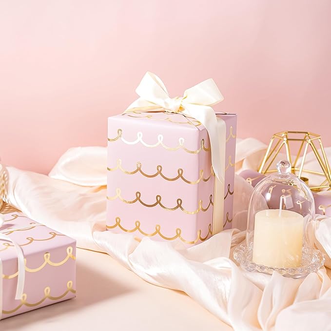 WRAPAHOLIC Pink Wrapping Paper Roll - Mini Roll - 17 Inch x 16.5 Feet - Metallic Foil Chic Classic Pink and Gold Wedding Wrapping Paper for Birthday, Wedding, Baby Shower, Valentine's Day