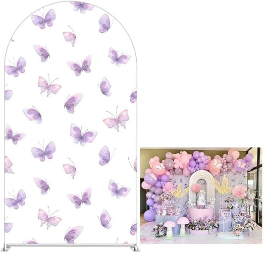 KONPON Purple Butterfly Arched Backdrop Fabric Cover Spring Arch Cover for Girls Birthday Baby Shower Decoration Supplies (No Stand!)