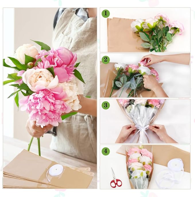 HSONAIGEE 50 Pieces Flower Bouquet Wrapping Paper, 24.8 x 8.7 x 4.7 Inch Flower Bags for Bouquets Kraft Floral Wrap Sleeves with Ribbons for Home Mother’s Day Wedding Flower Bar Supplies