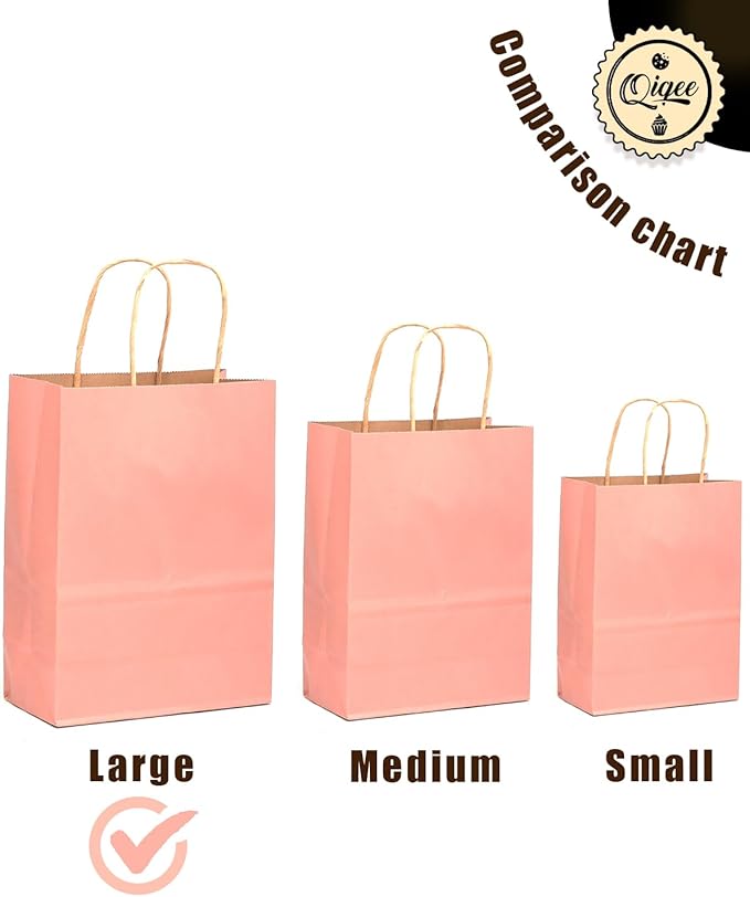 qiqee Large Kraft Paper Bags with Handles 13"x10"x5" 32 pcs Gift Paper Bag Bright Pink Solid Color Bags（Large Size）