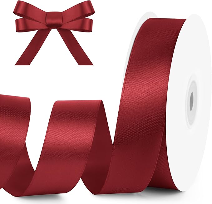 KMER LIFE 1 inch Wide x 50 Yards Wine Red Single Faced Polyester Satin Ribbon, Wine Red Satin Ribbon Perfect for Wedding Decor, Wreath, Crafts, Gift Wrapping & Other Projects (Wine Red)