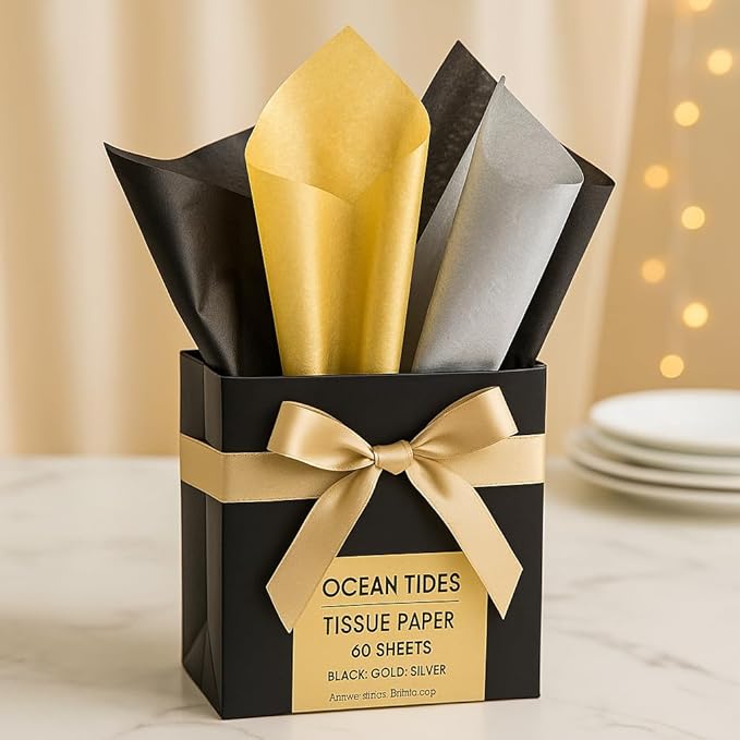 Ocean Tides 60 Sheets (14x20 Inches) Christmas Wrapping Paper – Gift Wrapping Tissue Paper Bulk for Crafts, Birthdays & Holidays– Colored Tissue Papers for Gift Bags & Decorations, Black, Silver, Gold