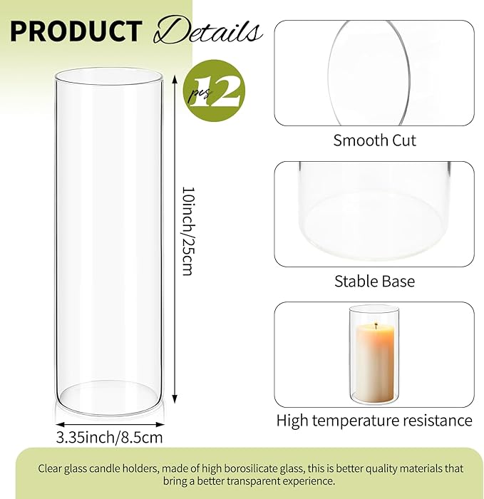 12Pack Glass Cylinder Vases for Centerpieces - 10 Inch Tall Flower Vase for Wedding Decorations, Floating Candle Holder Vase Bulk,Glass Hurricane Candle Holders for Table Shelf, Party, Home Decor
