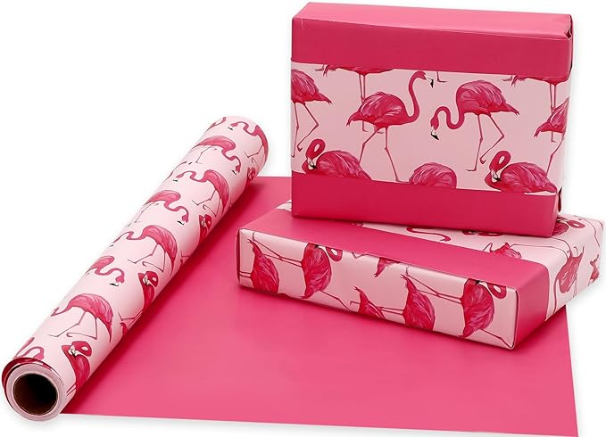 JarThenaAMCS Flamingo Wrapping Paper -Mini Roll- 17 Inch x 32.8Ft Double-Sided Pink Flamingo Gift Wrap Paper Tropical Art Paper for Summer Birthday Wedding DIY Crafts