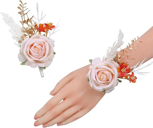 Meldel Pink Wrist Corsage and Boutonniere Set, Flower On Wrist for Bride Bridesmaid Wedding, Boutonniere for Men Groom Groomsman Wedding Accessories Prom Party Suit Decorations
