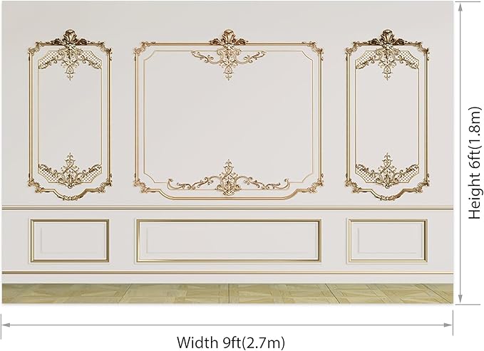 AOFOTO Vintage Room Inside Backdrop Modern French Classic Frame White Walls Gold Embossed Floral Photo Background Wedding Bridal Shower Reception Drama Portrait Photoshoot Backdrop Props 9x6ft