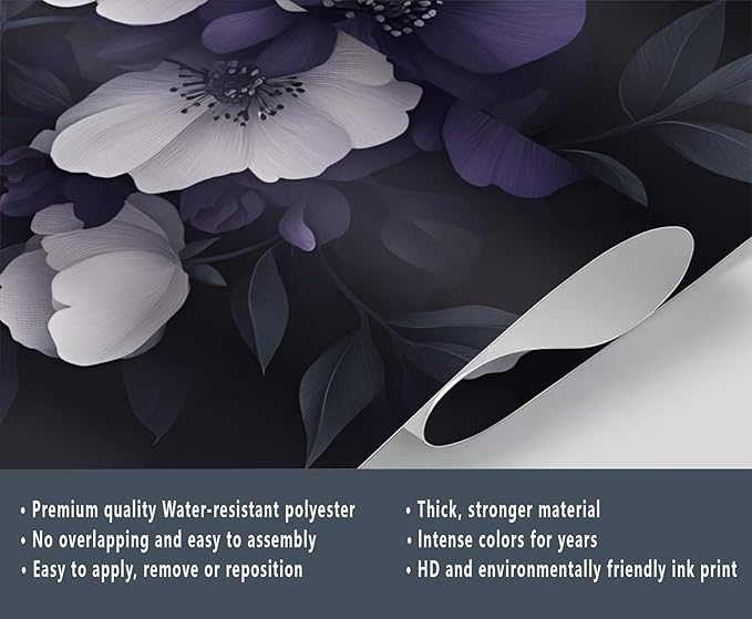 Dark Peony Floral Wall Mural, Purple and Black Flower 3D Wall Murals, Luxury Botanical Wallpaper Mural, for Living Room Bedroom Large Wallpaper Indoor Decor 169.3" W x118.2 H