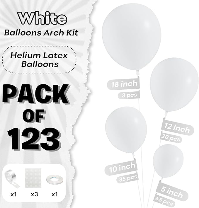 Togvu White Balloons Different Sizes, 123 Packs Matte White Balloons, Pack of 18 12 10 5 Inch White Balloons Garland Arch Kit for Birthday Wedding Baby Shower Party Decorations