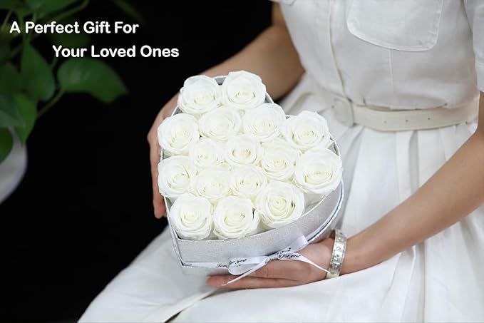 Forever Flowers for Delivery, 16 White Preserved Rose in Heart Shaped Box, Eteranl Rose on Anniversary Birthday Gifts for Women, Mother, Wife, Girlfriend，Christmas Day Gifts for Mom