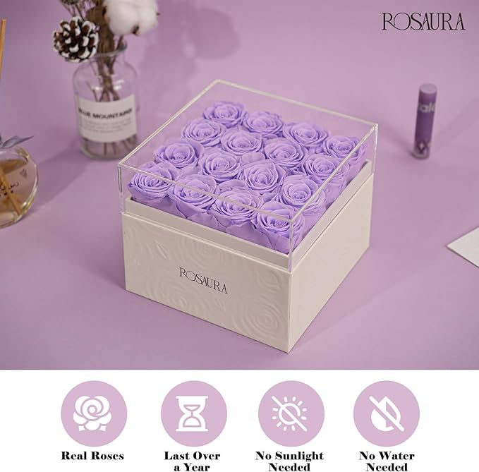 Rosaura Square Preserved Roses Gift Box - Real Forever Flowers in Clear Acrylic Lid, Valentine's for Women (Light Purple, 16 Roses)