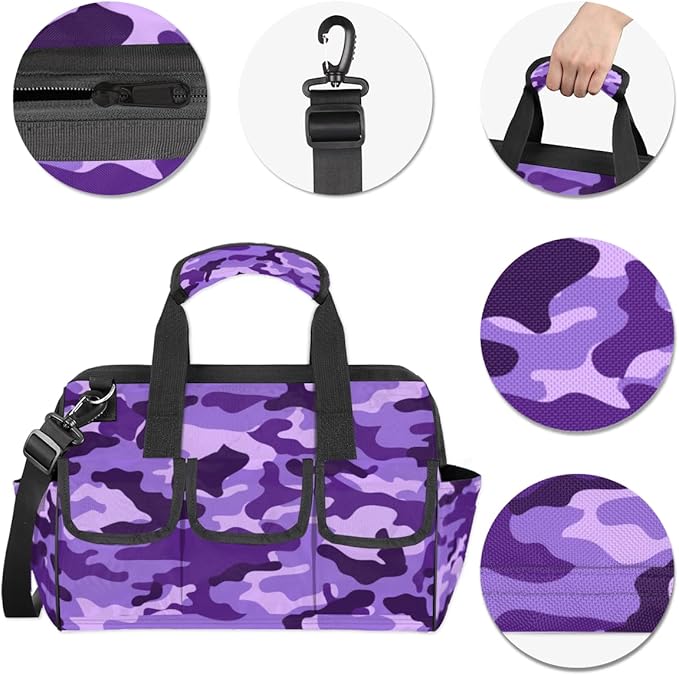 Purple Camouflage Tool Bag for Men Women Multi-Pockets Wide Mouth Tool Storage Bags 14.8 Inch Waterproof Heavy Duty Tool Bag Organizer for Electrician Mechanic Plumbers Handymen