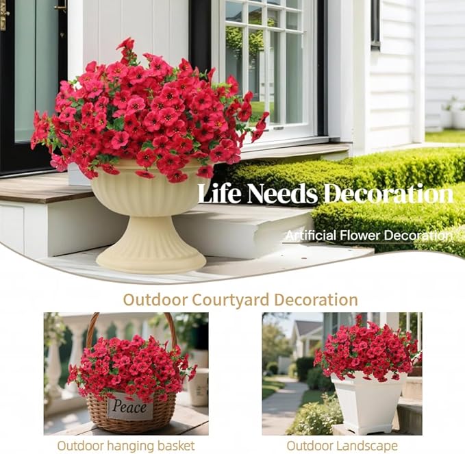 12 Bundles Artificial Flowers for Outdoor, UV Resistant Faux Mums with Eucalyptus Leaves Fake Plants for Outdoor Planters Greenery Boxwood Porch Patio Decoration