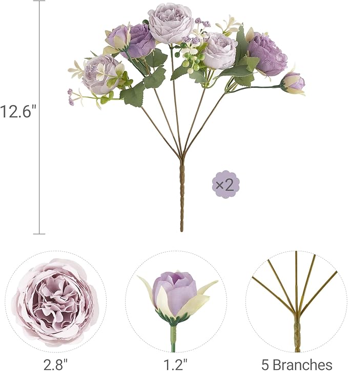Mkono Peonies Artificial Flowers, Small Silk Flowers for Home Decor Indoor Fake Bouquet Faux Floral Arrangements Dining Table Centerpieces for Kitchen Bridal Wedding Party Decor Purple