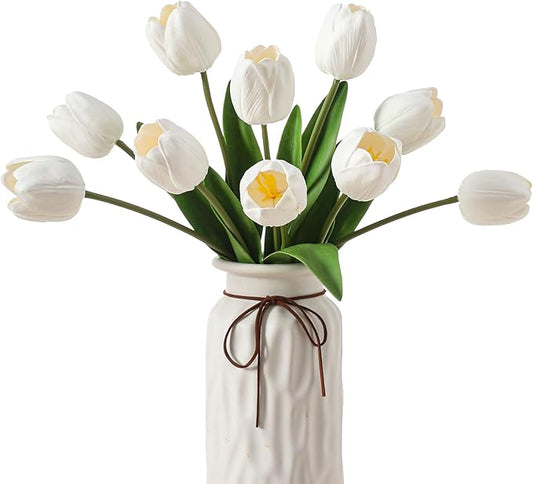 10PCS Artificial 18.5" Long Stem White Tulips Bouquet PU Flowers, Fake 6 Color Tulip Faux Flowers with Bendable Stems for Floral Table Wedding Home Decor