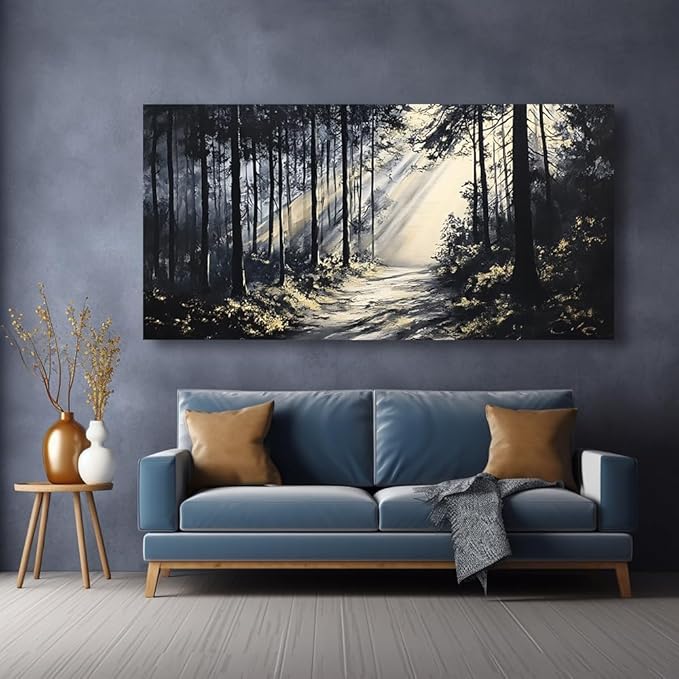 LAVIKARS Rustic Sunlight Forest Wall Art for Living Room Office Black and White Modern Landscape Canvas Painting Prints Large Nature Artwork Home Kitchen Bedroom Decor (23x46 Inches)