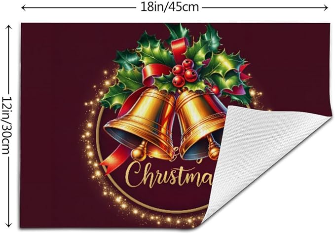 PVC Placemats Set of 4 Wipeable Table Mats Washable Heat Resistant Non Slip Vinyl Dining Table Mat for Kitchen Indoor Outdoor Patio Farmhouse Place Mats Christmas Bell Red Decorative