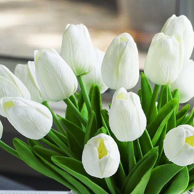 ENOVA FLORAL 20 PCS White Tulips Artificial Flowers with Vase, Real Touch Tulips Floral Arrangements in Vase, Fake Flowers in Vase for Home Office Decor (White)