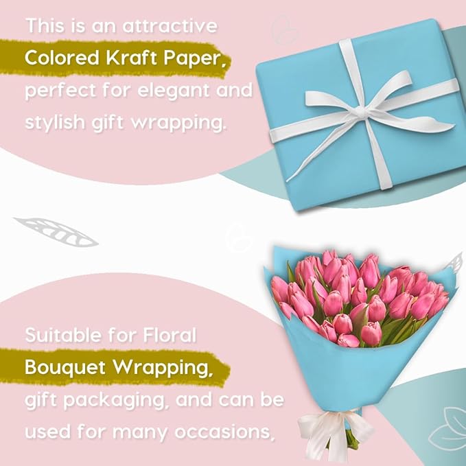 PerkHomy Light Blue Kraft Paper Roll 36" x 3,600" (300') for Gift Wrapping Bouquet Flower Art Painting Craft Writing Packaging Shipping 80GSM 55LB (Light Blue, 36" x 300')