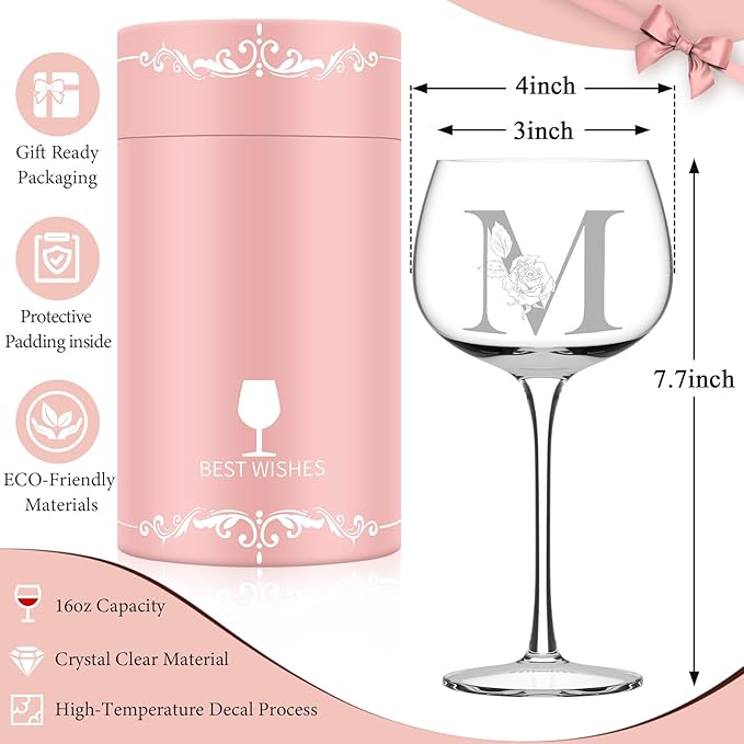 Personalized Gifts for Women, Monogrammed A-Z Wine Glass Customized Gift, Unique Christmas Birthday Gifts for Women Her Mom Friend Sister Wife Daughter Nurse (M)
