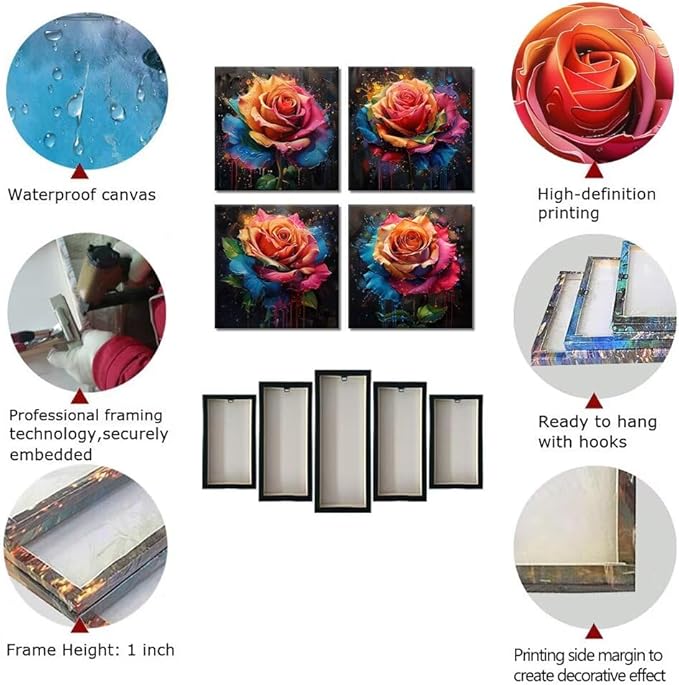 Pankila Colorful Rose Wall Art Floral Pictures Canvas Prints Abstract Rose Flower Wall Decor for Living Room Bedroom Bathroom Home Decorations Framed Artwork Ready to Hang (16''W x 16''H x 4)