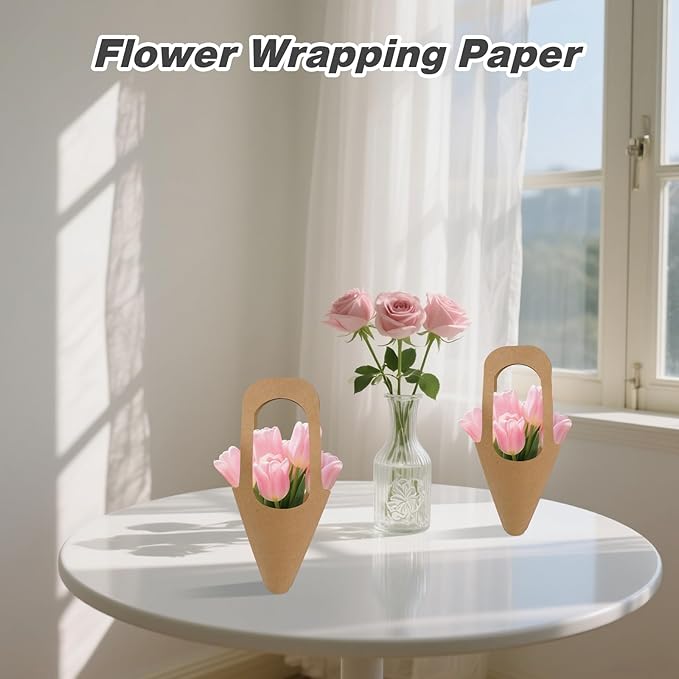 Jeqqinuz 20 PCS Flower Bags for Bouquets, Kraft Paper Gift Bags with Handle, Floral Wrapping Paper for Bouquet Packaging, Wedding Graduation Party Favors, Brown Cone Sleeves Home Decoration