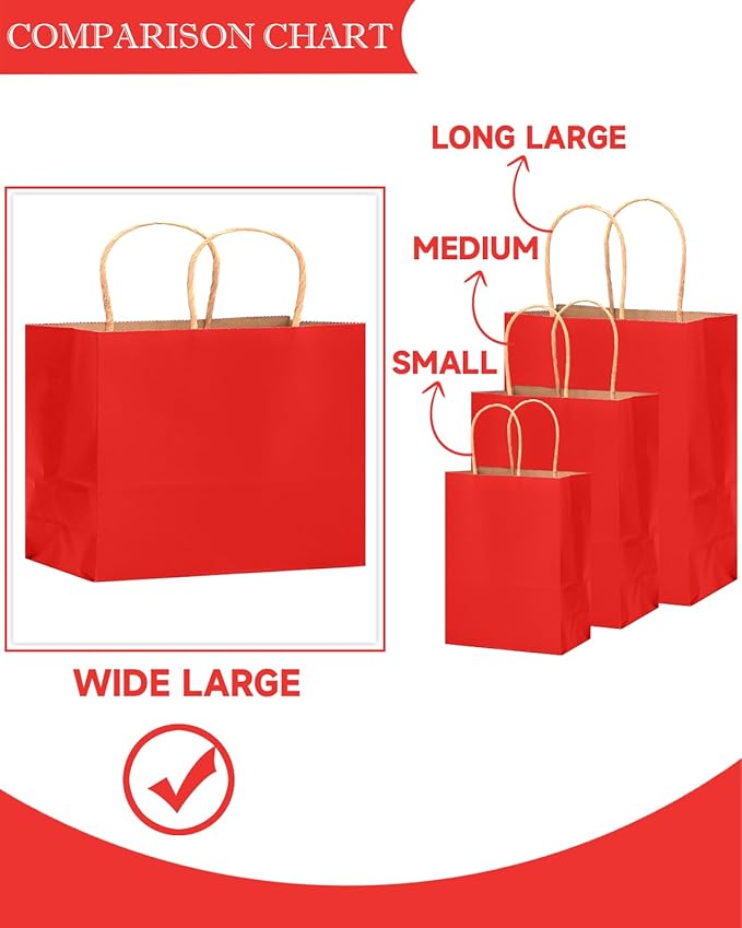 qiqee 13"x4.5"x10" Large Gift Bag with Handles Bulk 32PCS Gift Paper Bags Wine Red Bags Multiple Uses (Wide Large)