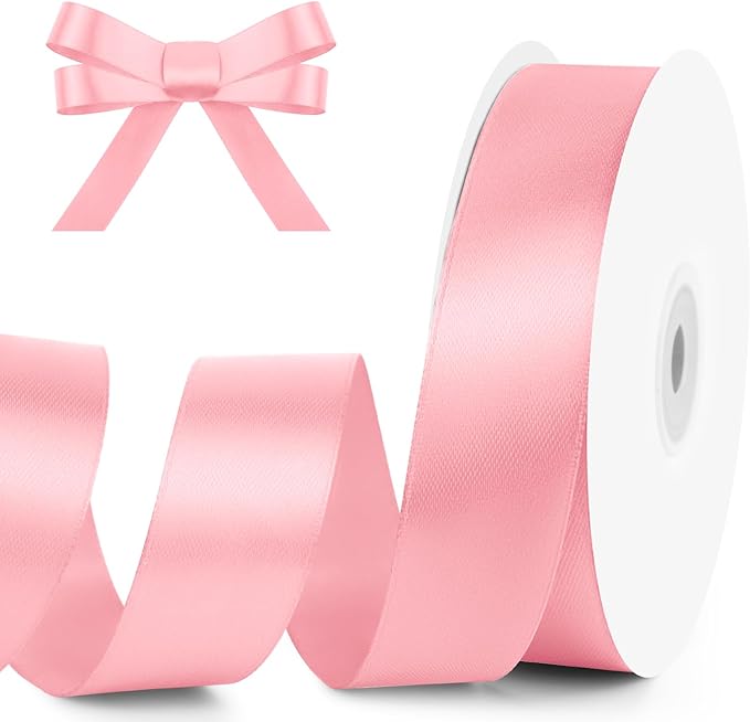 KMER LIFE 1 inch Wide x 50 Yards Pink Single Faced Polyester Satin Ribbon, Pink Satin Ribbon Perfect for Wedding Decor, Wreath, Crafts, Gift Wrapping & Other Projects (Pink)