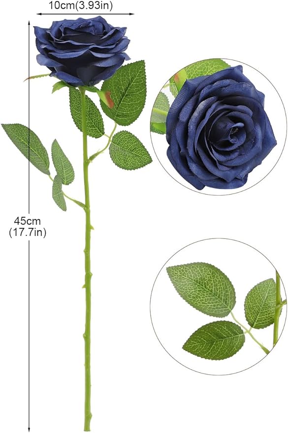 Artificial Rose Flower Navy Blue Flowers Navy Blue Roses Silk Flowers 50 pcs with Long Stem Silk Roses Bouquet for Wedding Bridal Shower Party Home Decoration
