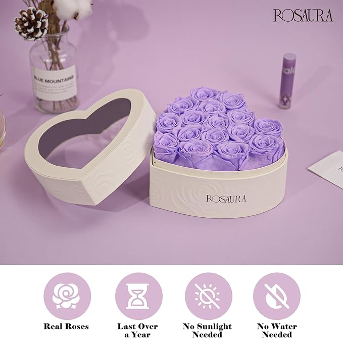Rosaura Heart-Shaped Preserved Roses Gift Box - Real Forever Flowers for Birthday, Valentine's & Mother's Day (Light Purple, 16 Roses)
