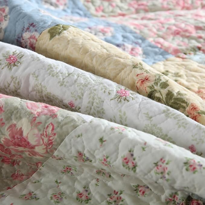 Cotton Bedspread Quilt Bedding Sets 3 Pieces Reversible Coverlet Sets Comforters Green Rose Floral Patchwork Bedspread, Queen Size